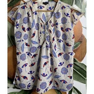 Talbots Petites MP Sleeveless Summer Umbrella Print Semi Sheer Blouse Pleated